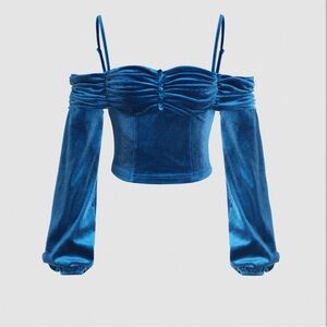 Cider Blue Velvet Off-Shoulder Blouse